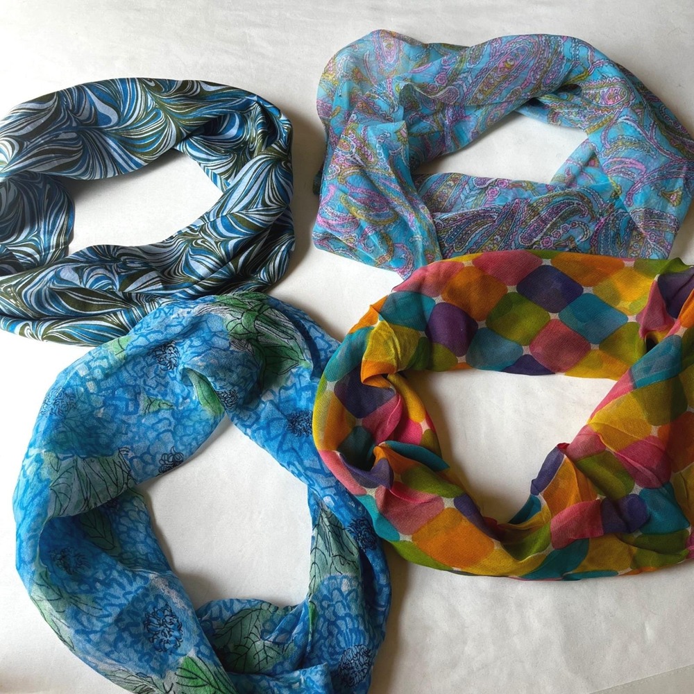 Vintage 1960s Mod Sheer Infinity Scarf Bundle Set of 4 Psychedelic Floral‎